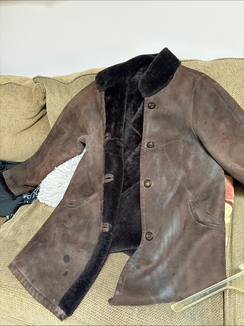 Classic Brown Shearling-Lined Pea Coat by